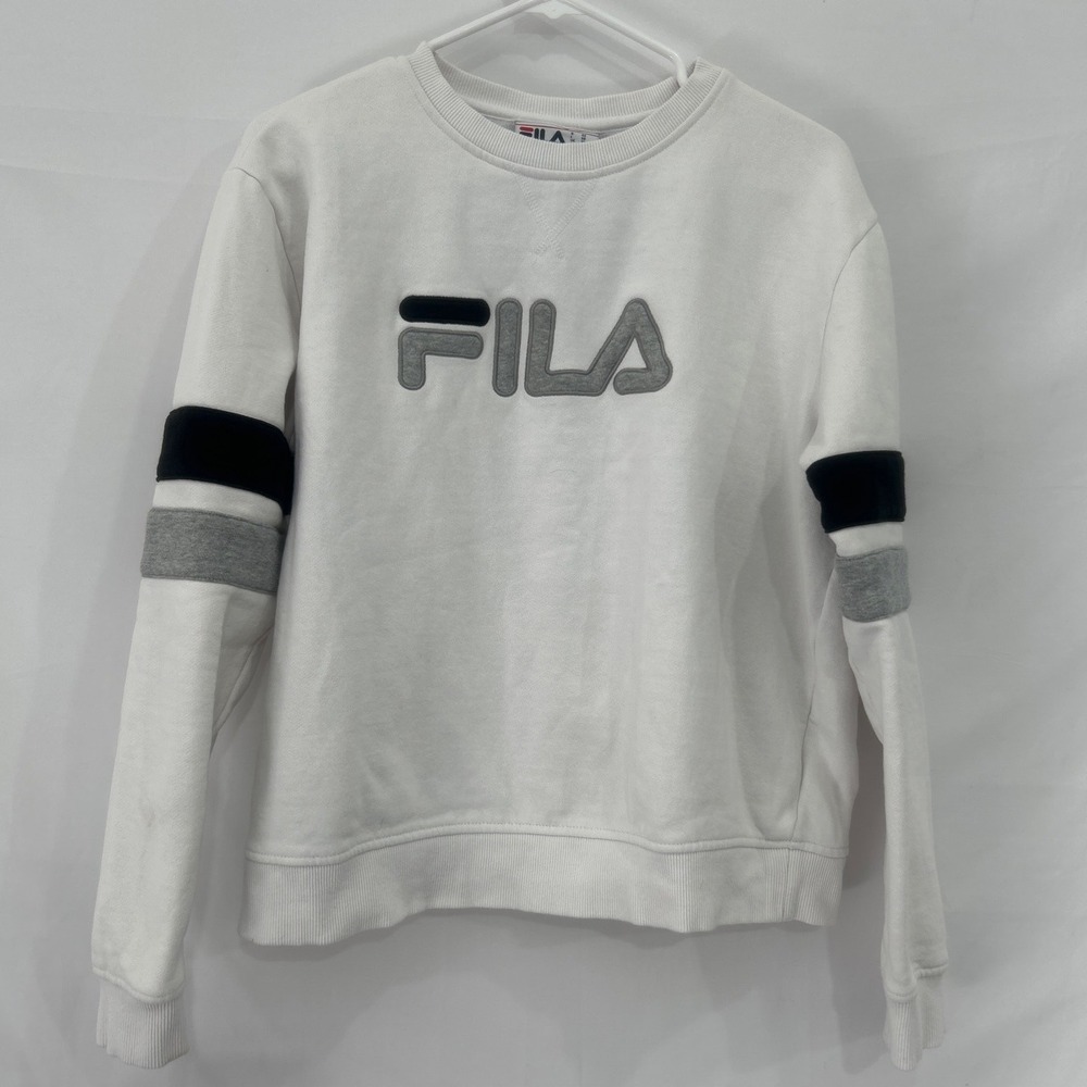 Fila Womens Crewneck Sweatshirt White Embroidered Logo Sleeve Stripes Size XL